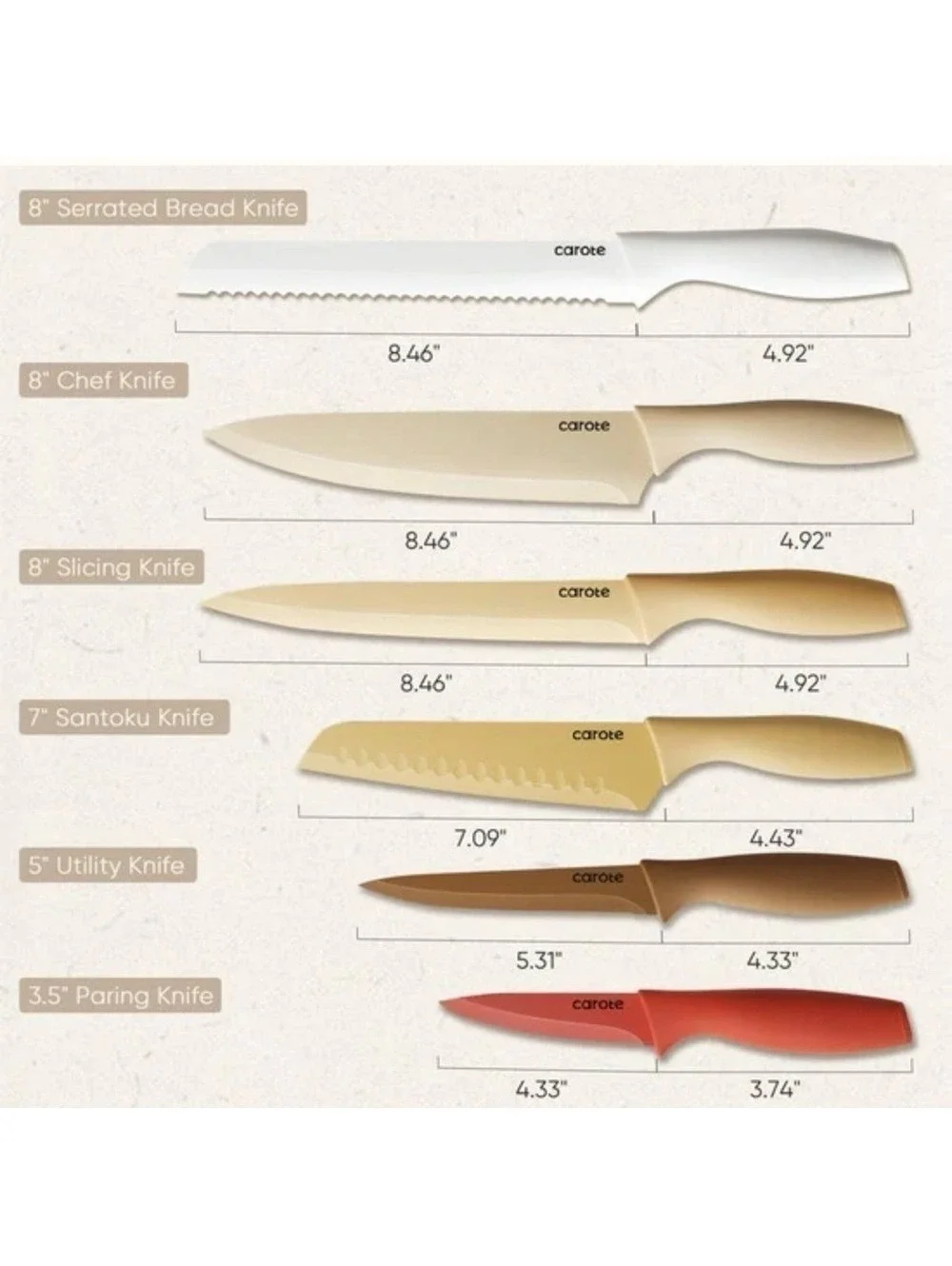 Carote Knife Set 12 Piece Neutral Colors Stainless Steel Ceramic Coating Knives